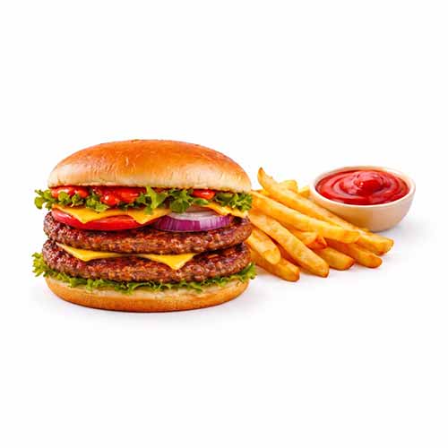 Doppel Cheese Burger mit Pommes & Sauce, 200 g