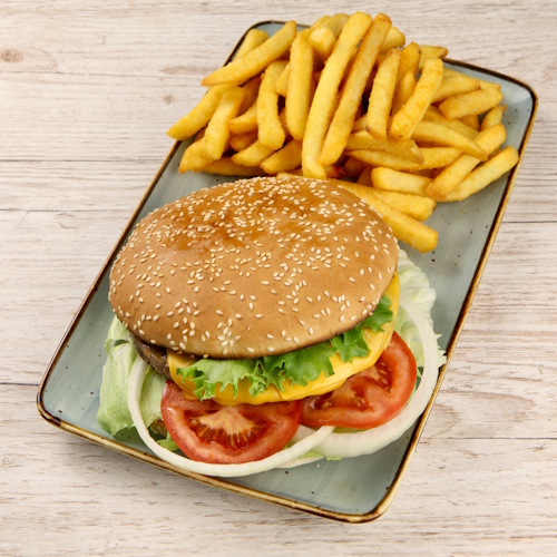 Cheeseburger mit Pommes frites, 180 g