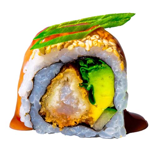 75: Inside Out Frittierte Garnele, Avocado, Gurke, Rucola, 8 Stück
